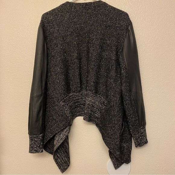 Pure DKNY Open Front lamb skin Leather Sleeve sweater Cardigan wool linen  M/L - Picture 2 of 11